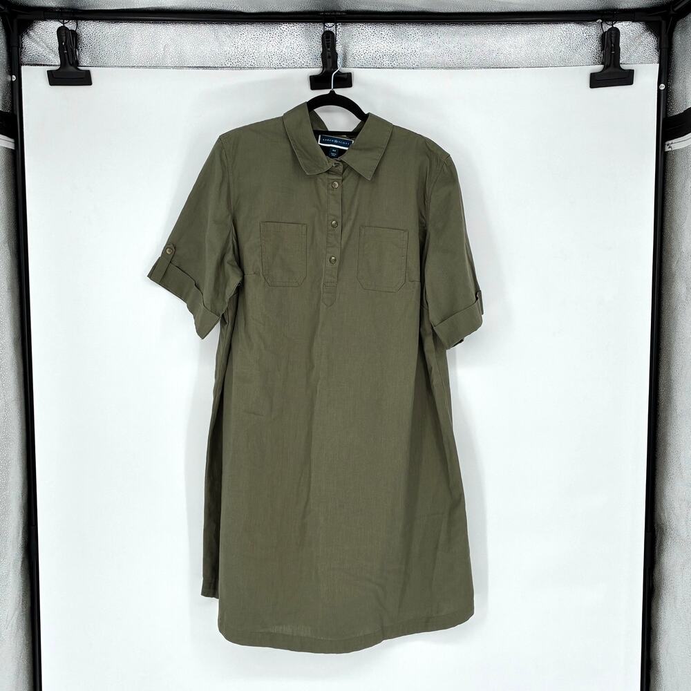 Karen Scott Olive Green Woven Cotton Knee Length Shirt Dress - Plus 0X (14W)